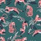 Seamless pattern with hand drawn exotic big cat pink tiger, with tropical plants and abstract elements on green background.