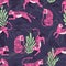 Seamless pattern with hand drawn exotic big cat pink tiger, with tropical plants and abstract elements on purple background.