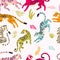 Seamless pattern with hand drawn exotic big cat tigers, in different vibrant colors, with tropical plants and abstract elements