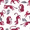 Seamless pattern with hand drawn exotic big cat viva magenta tiger, with abstract elements on white background.