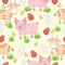 Seamless pattern with hand drawn farm animal and meat, milk, chicken, cow, pig, grass. Farm funny pattern. Animal background.