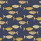 Seamless pattern with hand drawn fishes, doodle style. Silhouettes and contours, vector illustration on blue background