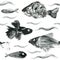 Seamless pattern. Hand drawn fishes. Ink on white background