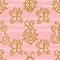 Seamless pattern with hand drawn gold thin line butterflies, bugs on pink grunge horizontal geometrical stripes.
