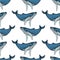 Seamless pattern with Hand drawn humpback whales. Vector with animal underwater. Illustration for wallpaper, web page background,