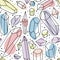 Seamless pattern with a hand-drawn line crystals, and colored elements inside. Illustration of magic elements