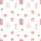 Seamless pattern of hand-drawn love hearts, gifts, cookies, cups, letters. Vector image for Valentine`s Day, lovers, prints, cloth