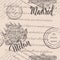 seamless pattern with hand drawn Milan Cathedral, lettering Milan, hand drawn Royal Palace of Madrid, lettering Madrid and faded