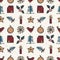 Seamless pattern. Hand drawn naive Christmas candle star, fir, tree, robin bird. Festive folk art background