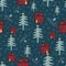 Seamless pattern. Hand drawn naive Christmas star fir tree, house in the woods. Festive folk art background. traditional holiday