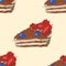 Seamless pattern with hand drawn outlines of chocolate cake with raspberries and blueberries with abstract fill on yellow backgrou