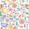 Seamless pattern with hand drawn pastel cinnamon, lemons, oranges, tea bag, sugar cubes, heather, chamomile, dog rose