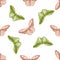 Seamless pattern with hand drawn pastel common green birdwing, wallace s golden birdwing