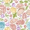 Seamless pattern with hand drawn pastel garlic, cherry tomatoes, peas, fish, shrimp, cabbage, beef, buns and bread