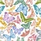 Seamless pattern with hand drawn pastel jungle queens, plain tiger, rajah brooke s birdwing, papilio torquatus