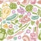 Seamless pattern with hand drawn pastel lemons, broccoli, radish, green beans, cherry tomatoes, beet, greenery, carrot