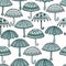 Seamless pattern, hand-drawn patterned various umbrellas in gentle emerald tones. Design for textiles, paper