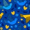 Seamless pattern of hand drawn peace doves in blue and yellow colors.