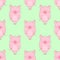 Seamless pattern of hand-drawn pigs on an isolated green background. Vector illustration of piglets for New Year, prints, wrappin
