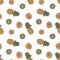 Seamless pattern with hand-drawn pineapple, orange slices, kiwi and peach. Fruit print