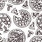 Seamless pattern with hand drawn Pizza sketches. Vector Italian food drawing. Engraving style Fast food background for cafe or piz