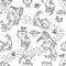 Seamless pattern with hand-drawn playful kittens with birds, butterfly, stones