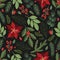 Seamless pattern with hand drawn poinsettia flowers and floral branches and berries, christmas florals.