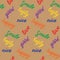 Seamless pattern with hand drawn positive words. Colorful elements on brown board. Nice, happy, good, tasty, smile and