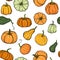 Seamless pattern with hand drawn pumpkin in cartoon style. Cute autumn pattern Seamless textile. design for greeting card and