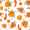 Seamless pattern with hand drawn pumpkins with faces. Cute funny design for Halloween or Thankful day. Vector vegetable