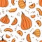 Seamless pattern with hand drawn while pumpkins  and pieces. Hand drawn design for Halloween or Thankful day.