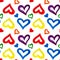 Seamless pattern hand drawn rainbow colors hearts on white background isolated, colorful watercolor painted heart ornament