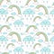 Seamless pattern of hand-drawn rainbows and clouds with rain. Vector background image for holiday, baby shower, unicorn prints, wr