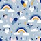 Seamless pattern with hand drawn rainbows, hearts and clouds.