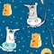 Seamless pattern with hand drawn rats and cheese. Kawaii hand drawing rats in aprons and glasses.