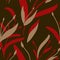 Seamless pattern with hand-drawn red and beige plants and branches on dark green background. Elegant linen, bedclothing,