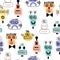 Seamless pattern with hand drawn robots. Cute funny characters, faces. Endless for kids.