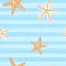Seamless pattern with hand-drawn sailor stripes and starfish. Blue and white striped background. Doodle style marine