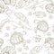 Seamless pattern with hand drawn sea fish and turtles. Sea wallpaper. Vector illustration.Page of coloring book