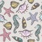 Seamless pattern with hand drawn seashells. Retro Marine background.