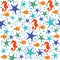 Seamless pattern with hand drawn seashells and starfishes