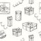 Seamless pattern with Hand drawn Set of gifts and packages and serpentine. Sketch. Engraving. Christmas, New Year, happy Birthday