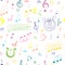 Seamless Pattern of Hand Drawn Set of Music Symbols. Colorful Doodle Treble Clef, Bass Clef, Notes and Lyre. Sketch Style.