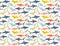 Seamless pattern of hand-drawn sharks silhouettes