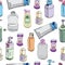 Seamless pattern of  hand drawn sketch of cosmetic package. Bottle, tube, flask. Colored objects isolated on white background.