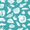 Seamless pattern of hand drawn sketch with seashells and waves. White elements on aquamarine background.
