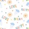 Seamless Pattern. Hand-drawn sun, clouds with rain in boho style. Inscriptions - love, dream and happy. Scandinavian design in