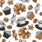 seamless pattern, hand-drawn sweets, croissant, cupcakes, sweets, cookies, cup, gray-brown shades, textiles