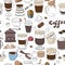 Seamless pattern with hand drawn vector elements of different types of coffee
