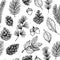 Seamless pattern. Hand drawn vector illustrations - Forest Autumn collection. Spruce branches, acorns, pine cones, fall leaves. D